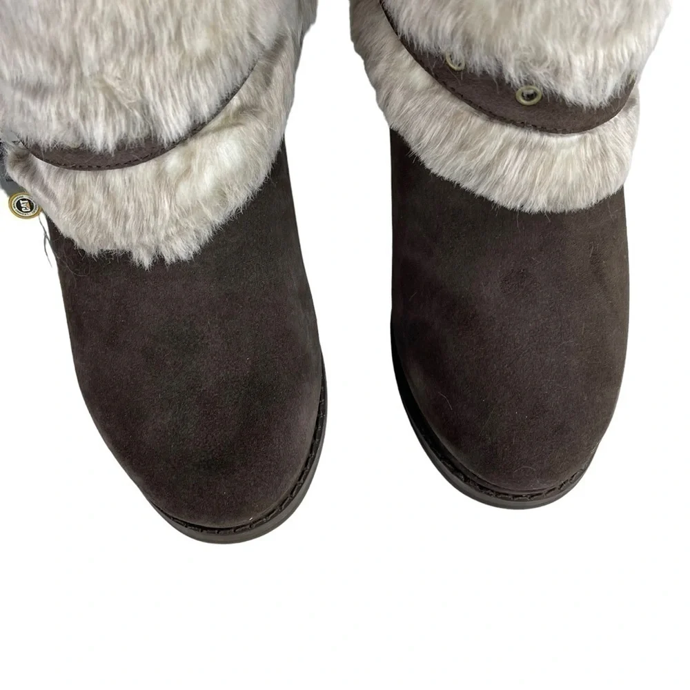 CATERPILLAR CAT BOISTEROUS FAUX FUR CAFE BROWN SUEDE WEDGE WINTER BOOTIES BOOTS